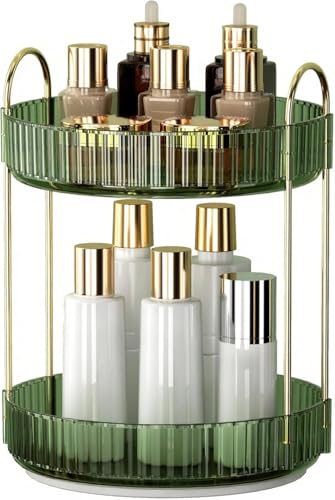 Image of Xmart India 360 Rotating Makeup Organizer - Transparent Cosmetic & Skincare Storage Rack for Dressing Table Lipstick, Perfume, Beauty Accessories & Bathroom Counter Organizer (2 Layer, Green)