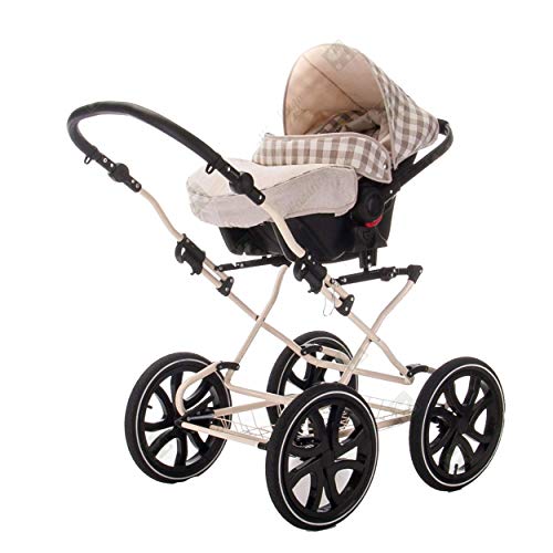 Friedrich Hugo baby's moving art Natureline Checked | 3 in 1 Kombi Kinderwagen Komplettset | Öko Nostalgie Kinderwagen | Farbe: Claudette Silver, PCS_NL-B1-DE-GC-R4