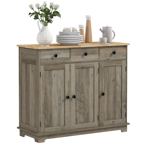 HOMCOM Sideboard with Solid Wood Countertop, Modern Kitchen Storage Cabinet, Coffee Bar Cabinet with 3 Drawers, Doors and Adjustable Shelf, Distressed Gray