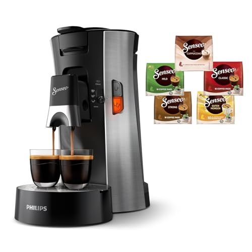 Philips Senseo Select Kaffeepadmaschine Bundle mit 66 Kaffeepads, 3 Kaffeespezialitäten, Memo-Funktion, Crema Plus, Intensität Plus, aus recyceltem Plastik, 0,9L, Gebürsteter Stahl (CSA250/10)