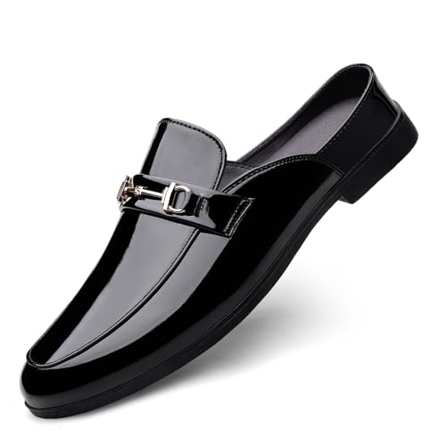 Image of Men's Patent Leather Slip-On Dress Mules Slippers Fashion Printing Comfort Round Toe Low Heel Open Backless Casual Clogs Loafers with Metal Buckle Decoration