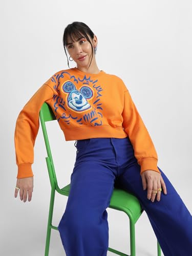 Image of JUNEBERRY Cotton Poly Fleece Official Disney Merchandise Regular Fit Orange & Green Mickey Mouse See Ya Real Soon Graphic Print Full Sleeve Sweatshirt for Women