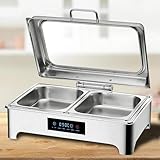 Aocay Chafing Dish Electrico 9L, Calentador de Alimentos con Tapa de Cristal y Control de Temperatura con Pantalla Táctil, Acero Inoxidable Chafing Dish Calentador de Comida para Buffet(1/2 Pan)