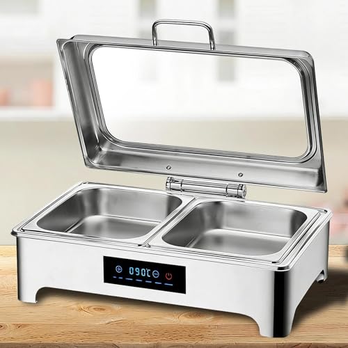 Chafing Dish Elettrico 9L, Acciaio Inossidabile Scaldavivande Elettrico per Buffet avec Couvercle en Verre, Chafing Dish Buffet Elettrico pour Les Buffets, Les Réceptions et Les Banquets(1/2 Pan)
