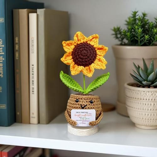 Image of Handmade Positive Sunflower Crochet Doll for Women with True Friends are Like Bright Sunflowers Card - Cute Decorative Friendship Gifts for Birthday
