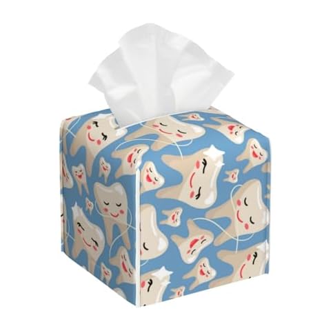 Mosytuky Funny Cute Healthy Teeth Print Tissue Box Cover,Square Decorative Pu Leather Facial Paper Case Organizer Holder Dispenser for Bathroom,Night Stands,Desk,Car 5.2''X5.2''X5.2'' Cover