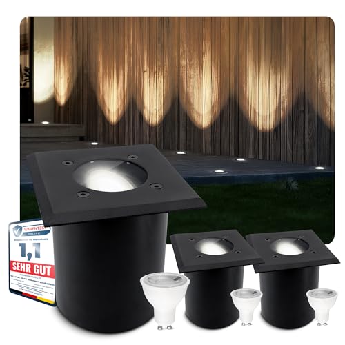 SSC-LUXon 3er Set JUAVI Bodenleuchte Einbau aussen schwarz - Außenleuchte Garten eckig mit GU10 LED neutralweiß 6W befahrbar