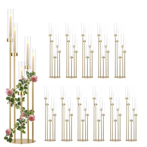 VINCIGANT 12PCS 5 Arm Gold Candelabra for Wedding Centerpiece