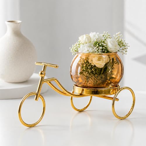 Image of CentraLit Decorative Metal Tricycle Candle Holder with Glass Bowl | Gold Tea Light Holder Stand, Vase for Home Decor, Decorative Plant Pot for Living Room, Aesthetic Home Decor Item & Return Gift