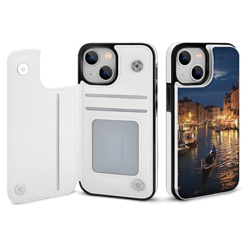 HKMNLEW Venice Night Print Flip Phone Wallet Case iPhone 14�p�APU���U�[���C�ϏՌ��g�ѓd�b�P�[�X�J�o�[ �J�[�h�z���_�[�t��