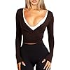 Navneet Women Wrap Top Ballet Long Sleeve Workout Crop Tops V Neck Yoga Going Out Pilates Y2K Fall Outfit Brown M