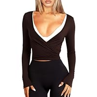 Navneet Women Wrap Top Ballet Long Sleeve Workout Crop Tops V Neck Yoga Going Out Pilates Y2K Fall Outfit Brown M