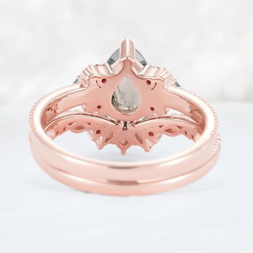 Natural Moss Agate Engagement Ring Set for Women 1.5 CT Pear Cut Moss Agate Wedding Ring Set for Women 925 Sterling Silver 10K 14K 18K Gold4