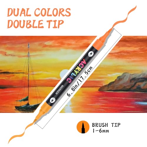 12 Acrylic Paint Pens with 24 Colours Brush Tip for Rock Painting Fabric Glass Stone Ceramic Wood Metal, Dual Tip Acrylic Markers for Adults, Paint Markers for Easter Egg Pumpkins Graffiti