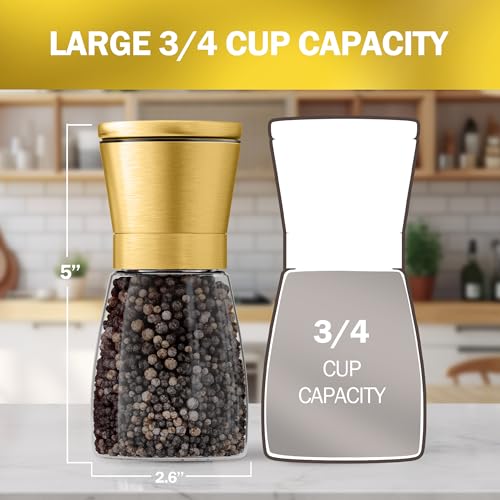 Image of Home EC Original Gold Salt and Pepper Grinder Set of 2 - Adjustable Ceramic Grinder - Glass Salt and Pepper Shakers With Funnel and Ebook - Kitchen Spice Mill - Gold Kitchen Accessories