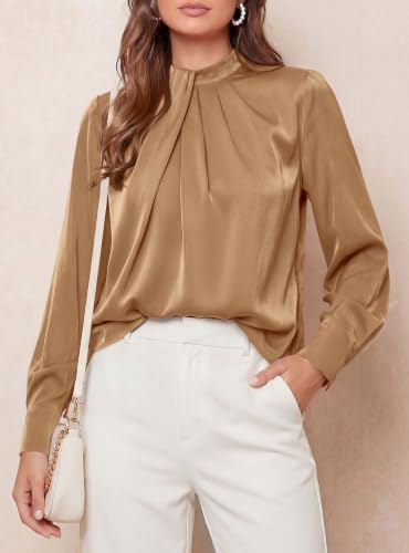 PRETTYGARDEN Women Satin Tops Mock Neck Pleated Long Sleeve Shirts,Khaki,M — view 3