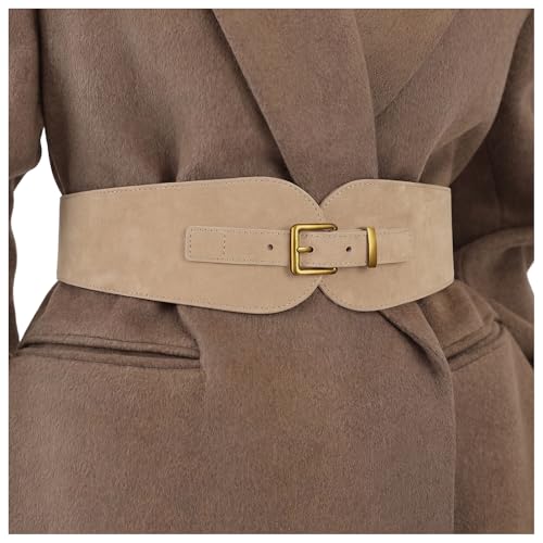 Image of JASGOOD Women's Wide Elastic Belt Suede Stretchy Belt for Dress Suits with Vintage Gold Buckle, Beige