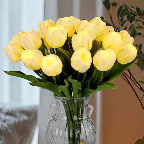 HOMESEASONS 20 Stems LED Lighted Artificial Flowers Tulip Lamp Real Touch Tulips Faux Flower Lights for Valentines Day and Easter Home Kitchen Wedding Dining Table Decor(White)