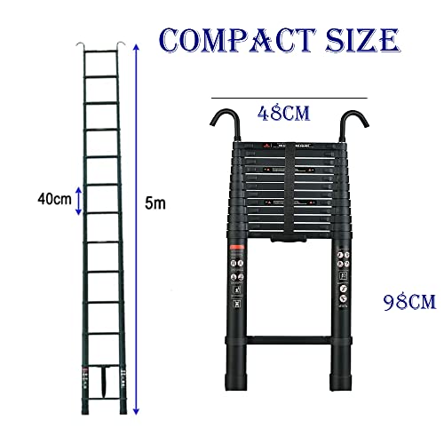 Heavy Duty Aluminum Attic Ladder, 16,4Ft Ladder Extension Folding Ladder 5M Straight Ladder With 2 Roof Hooks, Portable Anti-Slip Step Multi-Purpose En131 Safe Standard Max Load 330Lbs #TOP2
