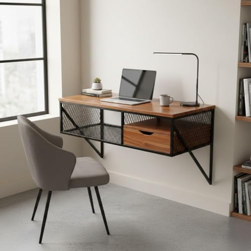 Image of Wall Mount Study Table Laptop Desk for Home & Office with Drawer Storage Wall Mounted Tablefor Desktop - Sheesham Wooden Study Table /Computer Table for Home PC (Julian)