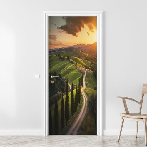 3D Door Sticker Tuscany Sunset Landscape View Green Hills Fringed Cypress Trees Italy Door Mural Peel and Stick Self-Adhesive Door Decal Removable Wallpaper Poster Home Decor for Bedroom 30.3