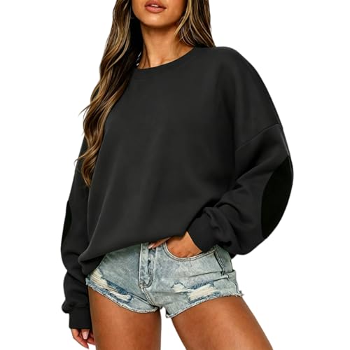 AYziemezm Sweatshirt for Women Elbow Patches Patchwork Pullover Long Sleeve Drop Shoulder Tops Casual Crewneck Sweatshirts Black