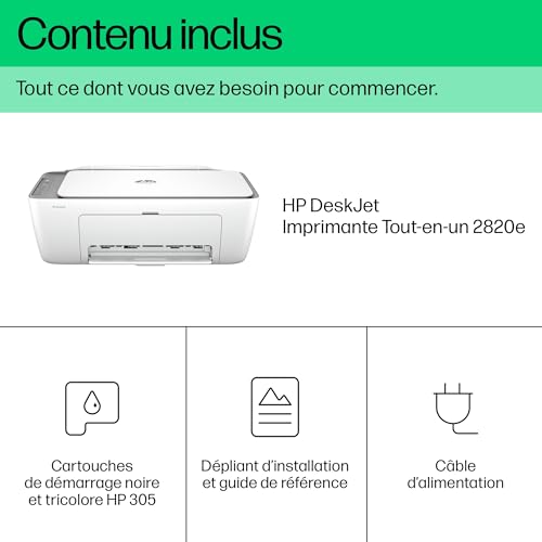 HP DeskJet 2820e, 588K9B, Imprimante Tout en Un, Jet d'encre, Couleur, 3 Mois d’Instant Ink Inclus, Photocopie, Scan, Impression, WiFi, Blanche et Grise