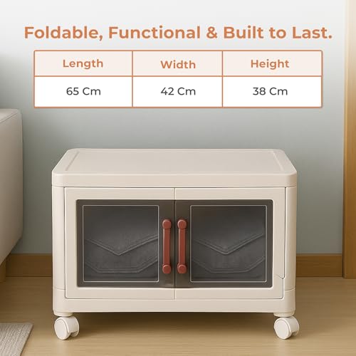 Image of HomeEssentials Storage Box | Magnetic Double Opening Door | Transparent Stacking Plastic Storage Boxes with Wheels | Suitable for Bedroom, Living Room, Office & Kitchen (1 Layer, 65X42X38 Cm)