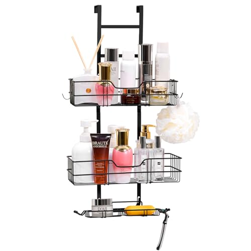 Over The Door Hanging Shower Caddy Organizer,3 Tier Shower Shelves with Soap Holder and Hooks，over door storage for Home&Kitchen，Sturdy No İnstallation Required（Matte Black）