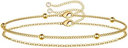 Dainty Gold Bracelets for Women, 14K Gold Plated Adjustable Layered Beads Bracelet Cute Evil Eye Oval Chain Pearl Bar Turtle Gold Bracelets for Women Jewelry
