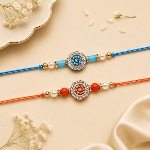 Image of I Jewels Traditional Designer Pack of 2 Rakhis with Decorative Crystal Work, Beads and Pearl Style Accents for Men Boys Brother Roli Chawal & Raksha Bandhan Card