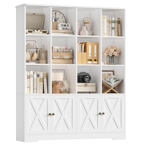 FirFurd 144.8cm Librería con Puertas, Estantería con Puertas, Librería Salón, Vitrina Salón, Estantería Libros, Estanterias Almacenaje Madera, 4 Puertas, 12 Compartimientos, Blanco, 121x29.8x144.8cm