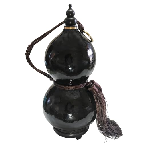 FIDFDID Botella de calabaza natural,Jarra para vino a prueba de fugas, objeto decorativo para el hogar,con cuerdas de artesanía,embudo y pedestal,600ml(imitación antigua)