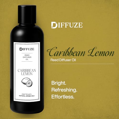 Image of DIFFUZE Caribbean Lemon Essential Oil Reed Diffuser Refill with 10 Fibre Reed Sticks | Citrus Aroma Oil, Fragrance Oil & Diffuser Oil for Home Fragrance | Essential Oil Diffuser for Home