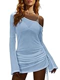 Saodimallsu Damen Bikini Cover Up Langarm Kordelzug Strandkleid Sommer Schulterfrei Strandponcho Leicht Bademode Sexy Beach Minikleid Blau M