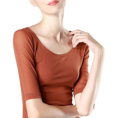 See Through Sheer Short Sleeve T Shirt Fitted Undershirt Women Mesh Scoop Neck Tee Caramel