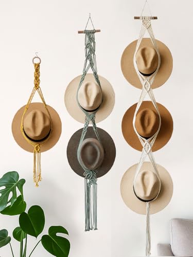 Mayamila Bohemian Hat Rack Hat Hanger, Macrame Hat Organizer for Wall Hanging, Handmade Hat Holder, Hat Storage for Wide-Brim Hats, Boho Hat Display for Bedroom, Living Room(3 Styles & 3 Colors)