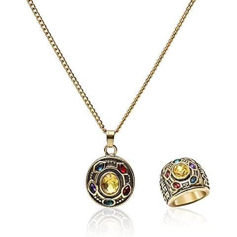 The Avengers Necklace 2 PCS Super Hero Cosplay Necklace Avengers Infinity Stones Ring Cosplay Costume Prop Golden Gauntlet Jewelry for Unisex Jewellery Accessories Gift Cover