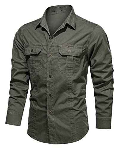 JIER Hommes à Manches Longues Militaire Boutonné Cargo Chemise Coton Tactique Formation Randonnée Travail Chemises Hauts Minces avec Poches (armée Verte,L,L)