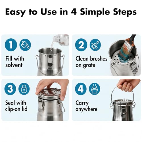 Image of Stainless Steel Paint Brush Washer, Leak-Proof Brush Cleaner with Airtight Clip Lid, Rubber Seal and Removable Filter Screen, Portable Brush Cleaning Pot for Oil, Acrylic, Watercolor Painting