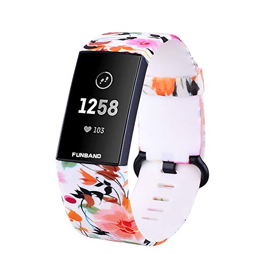 FunBand Compatible with Fitbit Charge 3/Charge 4 Strap Bands,Unique Elegant Floral Pattern Printed Soft Silicone Sport Adjustable Replacement Bracelet for Charge 3/Charge 4 Fitness Activity Wristband