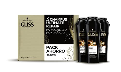 Gliss - Champú para pelo muy dañado con Keratina Líquida, Ultimate Repair, 3uds de 250ml (750ml), Gama ultra reparación Cover