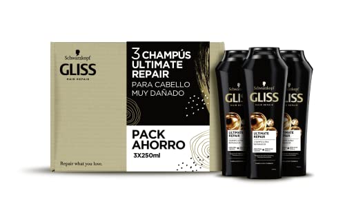 Gliss - Champú para pelo muy dañado con Keratina Líquida, Ultimate Repair, 3uds de 250ml (750ml), Gama ultra reparación