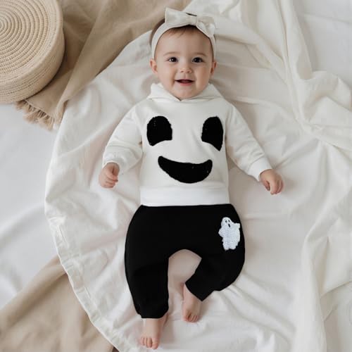 Lamuusaa Toddler Baby Boy Halloween Outfit Long Sleeve Ghost Hoodie Sweatshirt Jogger Pants 2Pcs Fall Outfits 3M-3T3