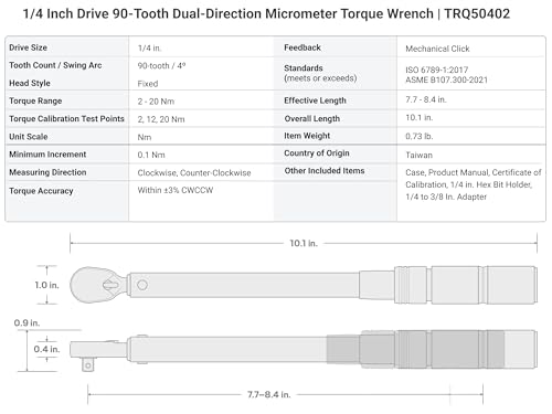 Image of TEKTON 1 /4 Inch Drive 90-Tooth Dual-Direction Micrometer Torque Wrench with Case (2-20 Nm) | TRQ50502