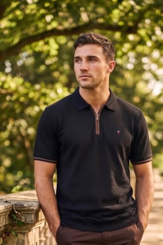 Image of Louis Philippe Men's Slim Fit Zipper Polo T-Shirt in 100% Cotton Pique Fabric for Casual Wear
