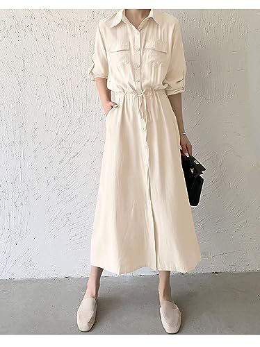 Image of Women Roll-Up Long Sleeve Button Down Shirt Midi Dress