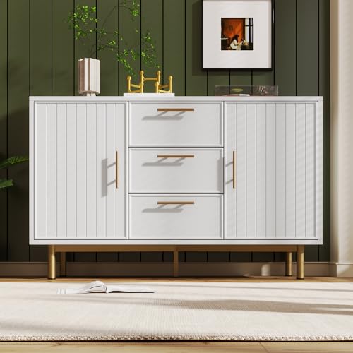 REXO Cómoda con 2 puertas y 3 cajones, color blanco, con cajón, estante ajustable, para salón o dormitorio, color blanco - H75/B120/T40 cm