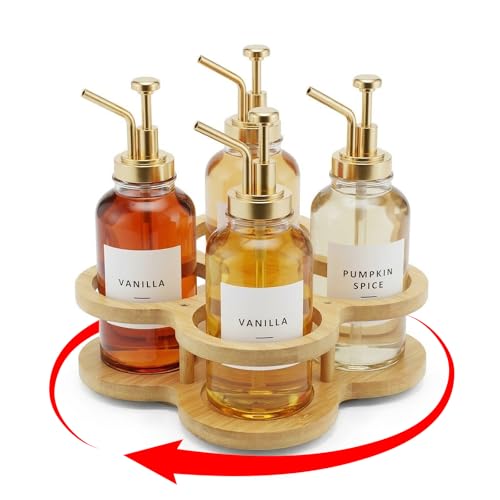 Wiojtry Rotating Coffee Syrup Organizer Rack, 4 Bottles Syrup Bottle Holder for Coffee Syrup Dispenser 16.9oz, Bamboo Coffee Syrup Rack for Coffee Bar Station Countertop, Coffee Bar Accessories by Wiojtry - Used condition - US$13.59
