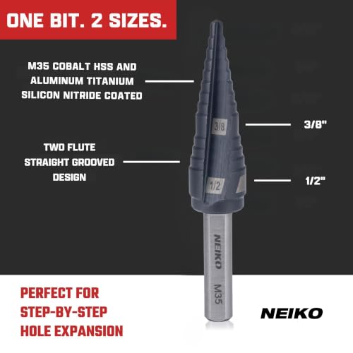 Image of NEIKO 10614B Step Drill Bit, 2 Steps 3 /8 inch to 1 /2 inch Straight M35 Cobalt, AlTiSiN Coated, 1 /4 inch Tri-Flat Step Bits for Steel, Metal, Wood, Plastic, Unibit Cone Drill Bits, Two Flute